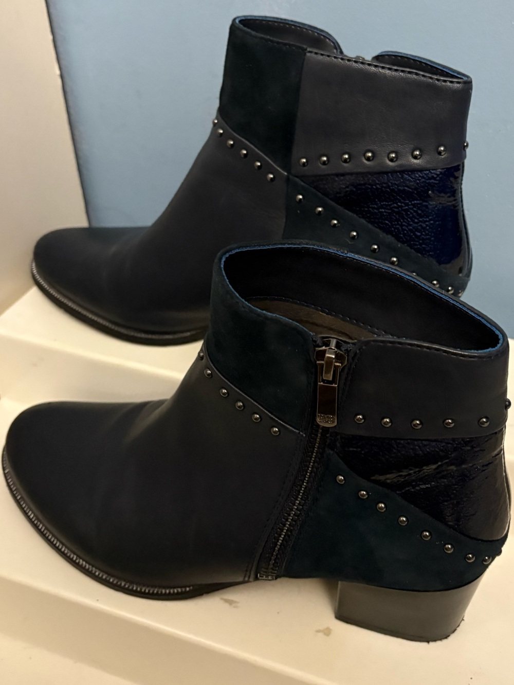 Women’s Navy Studded Ankle Booties with Side Zip